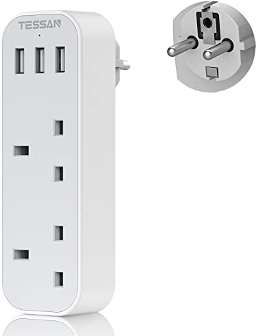 UK to European Plug Adapter with 3 USB, TESSAN Grounded EU Euro Europe Travel Plugs, Schuko European Adaptor for France Spain Iceland Austria Poland Germany Portugal Turkey Greece and More Type E/F