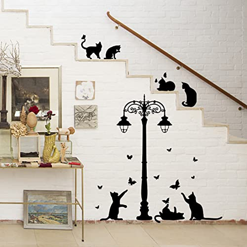 SUPERDANT Gatto Nero Adesivi Murali Silhouette Street Lights Farfalla Adesivo Da Parete Arte rimovibile Vinile Porta Decalcomania Carta da parati per decorazioni camera da letto