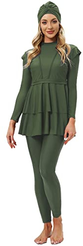 Odizli Muslimische Badeanzug Damen Burkini Langarm Schwimmoberteile Built in Bra+Schwimmhose+Hijab 3tlg Schwimmanzug