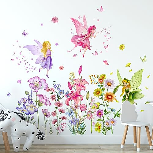 Runtoo Stor älva väggdekaler blomma fjäril älva väggklistermärken flickor sovrum barnrum baby barnkammare väggdekor
