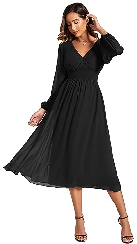 Ever-Pretty Vestido de Invitada Boda para Mujer Cuello en V Manga Larga Cintura Imperio Vestido de Noche Negro 36