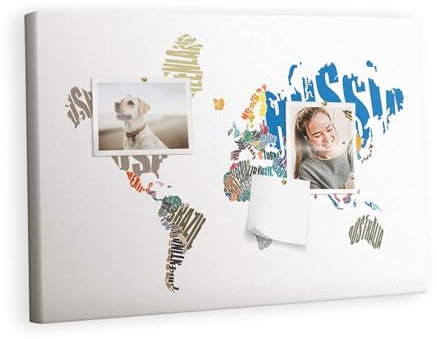 Tulup Pinnwand Tourkarte Kork 60x40 cm Leinwand Notiztafel für Zimmer Reise-Tracker - Textkarte der Welt