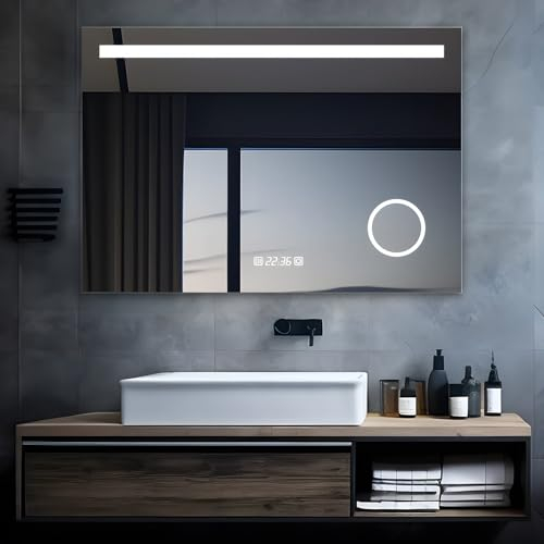 MIQU LED Badspiegel mit Beleuchtung 100x70 cm Badezimmerspiegel, Bad Groß Spiegel mit Steckdose Uhr Touch Dimmbar 3 Farben Licht Beschlagfrei Vergrößerung Wandspiegel für Badezimmer, WC, Flur