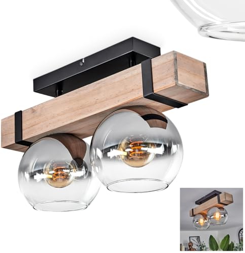 HOFSTEIN Deckenleuchte Montgomery, Deckenlampe aus Holz/Metall/Glas in Natur/Schwarz/Chrom/Rauch/Klar, Leuchte im Retro/Vintage-Design mit Holzbalken, 2xE27, Schlafzimmer, Wohnzimmer, Küche, Esszimmer