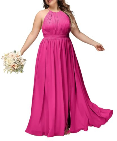 Vestido largo de gasa con abertura halter para dama de honor, vestidos formales de gasa larga, vestido de fiesta de noche, fucsia, 52 Más