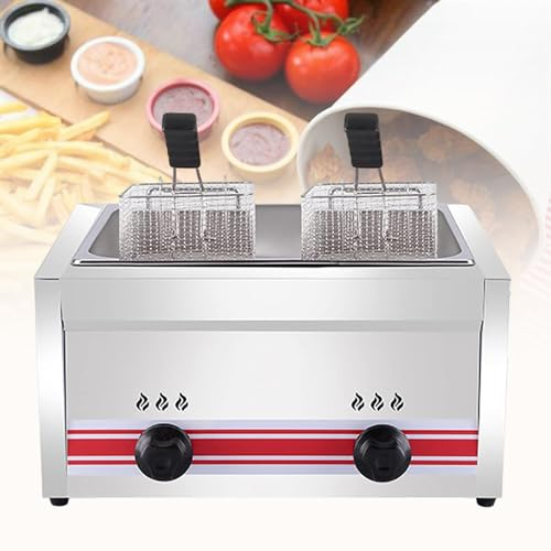 LSHFYV Friteuse Gaz Professionnelle, Friteuse Commerciale en Acier Inoxydable avec Couvercle Thermostat De Sécurité Friteuse, Réglage Manuel De La Température Facile à Nettoyer,Singlecylinder20l
