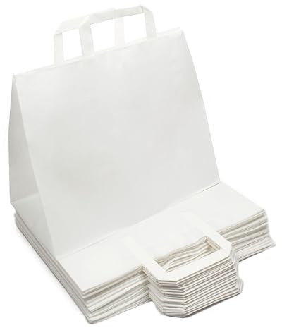 Daybays Papiertüten 32+12 x 27 cm Weiß Geschenktüten Papiertragetaschen mit Henkel aus Kraftpapier, Papiertaschen Geschenktüte Papiertüte klein (50)