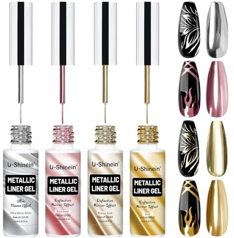 U-Shinein 4x12ml Gel de pintura de metal de uñas, conjunto de gel de delineador de ojos metálico con cepillo delgado incorporado, pintura de manicura de efecto cromo espejo, Conjunto C