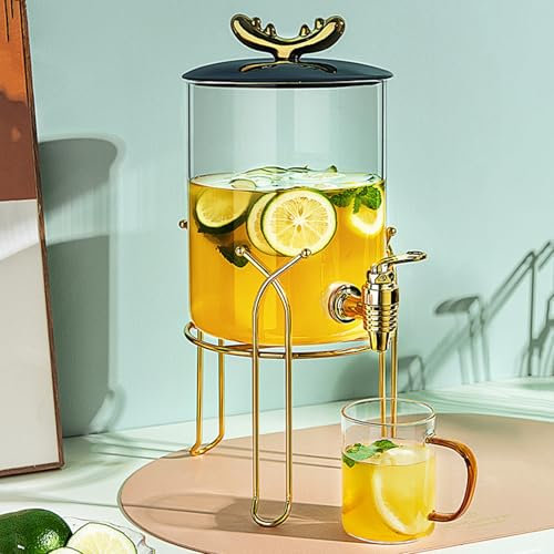 EISFBIMV Dispensador de Bebidas de Cristal con Soporte y Espita, Dispensador de Agua de Encimera con Tapa de Cerámica, Jarra Dispensadora de Bebidas Sin Tacto para Fiestas Jarra de Zumo de Té