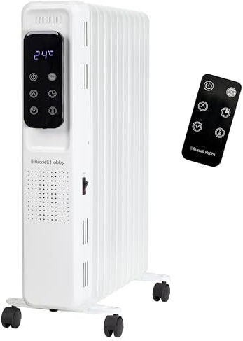Russell Hobbs 2500W/2.5KW Oil Filled Radiator Digital 11 Fin Portable Electric Heater in White, Remote Control 3 Heat Settings, 24hr Auto Timer, Overheat Protection, 2 Year Guarantee RHOFR2521-D