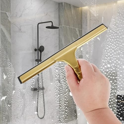 HAIJED Shower Squeegee 10Inch Stainless Steel Window Squeegee with 2 Hooks Hanging Shower Wiper Reusable Window Mirror Squeegee Versatile Shower Squeegee for Bathroom Window Glass Tile(Gold)