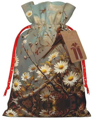 HJLUUFT Geschenktüte mit Gänseblümchen-Vogelbaum-Druck, mit Kordelzug und Geschenkanhänger, Jutebeutel, Hochzeit, Weihnachten, Partygeschenk
