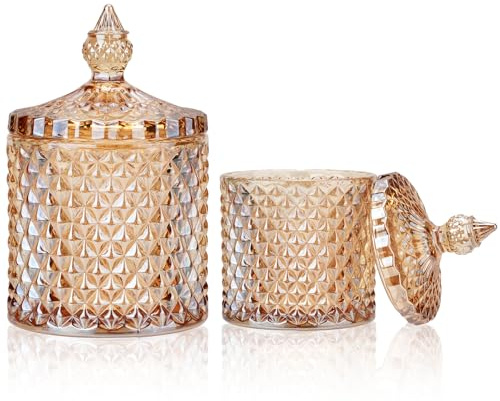 FHDUSRYO 2Pcs Crystal Diamond Faceted Jar with Lid, Glass Sugar Bowl, Decorative Candy Jars Diamond Candy Dish, Crystal Cookie Tin Biscuit Barrel, Buffet Container, Qtip Holder for Home (Amber)