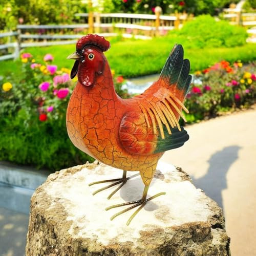 Large Metal Garden Bird Statue – Handcrafted Weather-Resistant Rooster, Hen & Peacock Ornaments | Farmhouse Outdoor Décor for Garden, Patio & Lawn (Red Hen)