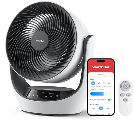 SwitchBot USB Tischventilator, leistungsstarker 24 dB leiser Batterie-Umluftventilator, Kompatibel mit Alexa/Google/Siri (Hub erforderlich), 4 Modi, 9-Std-Timer, Energieeffizienter Umluftventilator