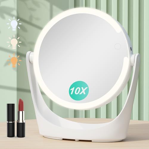 zenlavia Specchio cosmetico con illuminazione 1x/10x, specchio da trucco double face, specchio ingranditore, 3 luci di colore, specchio da tavolo dimmerabile, super luminoso e trasparente per la casa