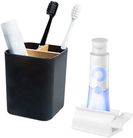 Bambus Trennwände Toothbrush Holder, Zahnbürstenhalter mit 2 Zahnbürstenfächer + 1 Ablagebecken, Elektrische Zahnbürste Halterung mit Zahnpastapresse, Badezimmer Organizer Geeignet für Büro Wohnzimmer