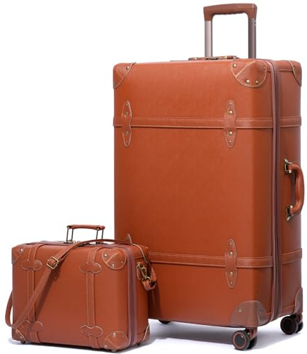 Urecity Vintage Reisekoffer Set 2 Teilig Leicht Retro Lederkoffer Hartschale Trolley Handgepäck Sets mit TSA Schloss und 8 Rollen (Rostorange, S(14)+M(20))