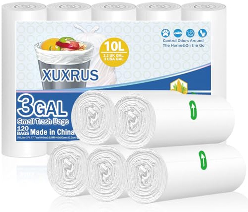 XUXRUS Bolsa Basura 10L Blanca, Bolsas Pequeñas, 120 Uds | Cierre Práctico En Rollo, Alta Resistencia Y Protección Antifugas