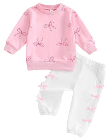 LUVCES Abbigliamento Bambina Set Autunno Manica Lunga a Righe Felpa Top con Graziosi Stampata Ricami+ Pantaloni 2 Pezzi Inverno Primaverile Vestiti Outfit Fiocco rosa 6-12 Mesi