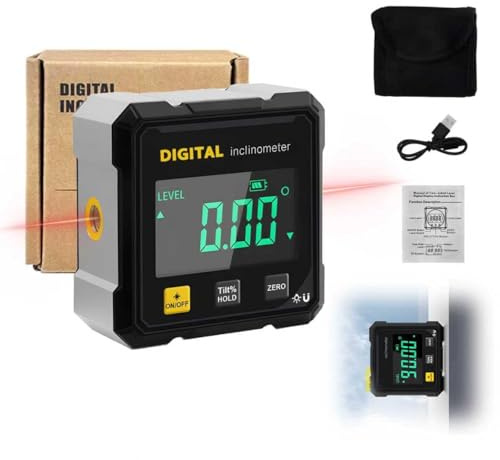 Magnetic Digital Angle Finder Laser, Digital Inclinometer with Laser 4-Side Strong Magnetic Angle Gauge IP54 Waterproof Level, Woodworking Measuring Tool Level Box for Hanging (Black)