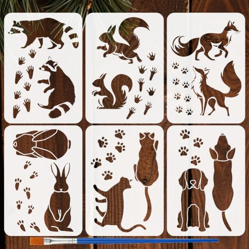 FINGERINSPIRE 6Styles Tier Und Fußabdruck Schablonen Mit Einem Pinsel 29.7x21cm Katzen Hunde Waschbär Malschablonen Haustier Kaninchen Fuchs Eichhörnchen Musterschablonen Tierthemen Vorlage Für Wände