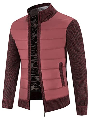 Mens Knitted Cardigan Hybrid Quilted Fleece Funnel Neck Jacket Textured Ribbed Edge Sweaters Stand up Collar Zipper Knitwear Thick Warm Outerwear Jackets for Winter-Autumn