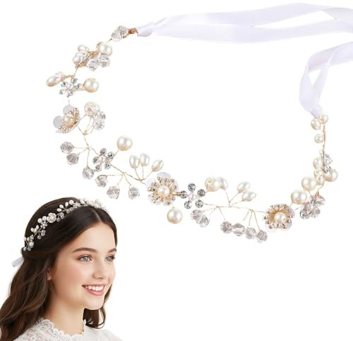1 Stück Kommunion Stirnband Mädchen,Romantisches Blumen Kranz Haarschmuck Mädchen,Braut Stirnband mit Perlen & Kristallen,für Kommunion,Brautjungfern,Abschlussballblumenkranz