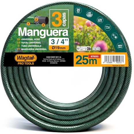 Manguera de Jardín 25 m 1/2”, Manguera de Riego de 3 Capas, Protección UV y Flexible para Jardín y Exterior