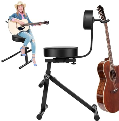 nawoefii Höhenverstellbarer Gitarrenhocker mit Rückenstütze, stabiler Gitarrensessel für Erwachsene, Musikhocker mit Gitarrenhalter, Fußstütze & drehbarer Halterung Schwarz