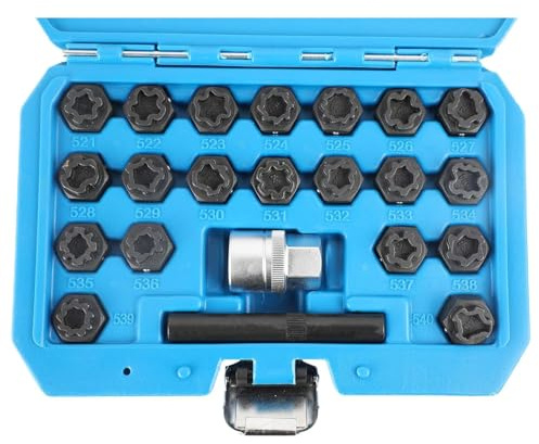 TSX TOOL Set 22 Chiavi Antifurto Cerchi compatibile con Veicoli OBD2 Cromo Molibdeno con Adattatore 1/2 e Utensile Estrazione