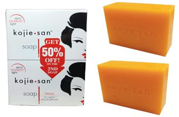Kojie San Jabón de acido Kójico blanqueante con aceite de coco y árbol de té para una piel brillante, tono de piel uniforme e impecable Skin Lightening Kojic Acid Soap - PACK 2 x 135g