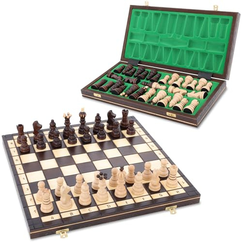 Schach Schachspiel Set klappbares Schachbrett mit Schachfiguren aus Holz 43 cm - Chess Board Spiel für Kinder und Erwachsene Reiseschach hochwertig und edel Braun