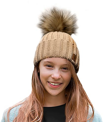 4sold Rita Barnmössa för vintern, stil beanie, stickad mössa med pälstofs, toppluva, huvudbonad, skidåkning, snowboard, Beige, En Storlek