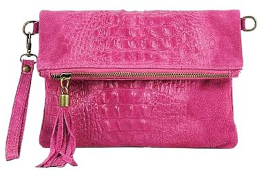 OBC Made in Italy Damen echt Leder Clutch Tasche Kroko Wildleder Handtasche Umhängetasche Ledertasche Schultertasche Fransen Cross-Over Pink