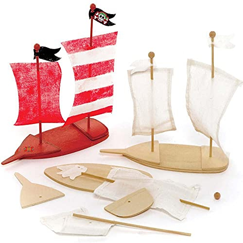 Baker Ross FE274 Holz Bastelset Piraten Schiff, 3er-Pack, kleine Bausätze zum Zusammensetzen und Basteln