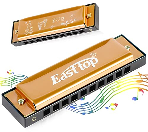 East top Blues-Mundharmonika, diatonische Mundharmonika, Tonart C, 10 Löcher, 20 Töne, Mundharmonika für Erwachsene, Kinder, Anfänger, Profis und Studenten (T10-4-Gold), als Geschenk