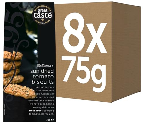 Buiteman Sun-Dried Tomato and Cheese Biscuits Pack of 8 × 75g – Luxury Savoury Snacks in Black Gift Boxes – Gourmet Baked Crackers – Perfect for Gifting, Entertaining & Wine Pairing