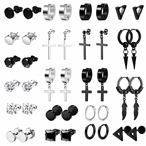 20Paire Acier Inoxydable Boucles d’Oreilles pour Homme Femme Noir Ronde Punk Croix Pendante Boucles d'Oreilles Petite Noires Anneau Boucles d'Oreilles Argent Zirconium D'oreilles Ensemble