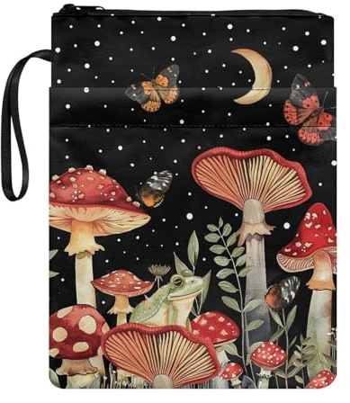 Biyejit Buchhülle mit Reißverschluss, Motiv: Waldschmetterling, Pilz, Schutz für Taschenbuch, Bibel, waschbarer Stoffbeutel mit Tasche für Teenager, Erwachsene, Geschenk für Buchliebhaber