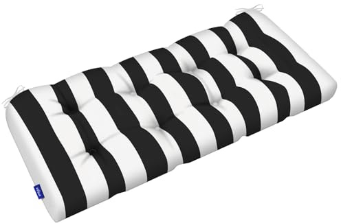 INFBLUE Tufted Bench Cushion for Outdoor Furniture Patio Swing Cushions Overstuffed Outdoor Loveseat Cushions with Round Corner (44'' x 19'' x 5'', Black Stripes)