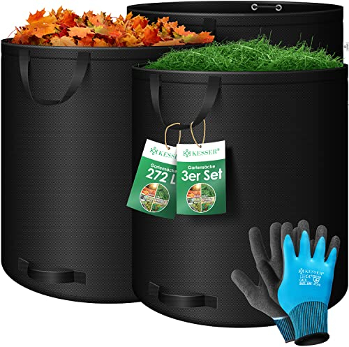 KESSER® Gartensack 3x 272L Set Laubsack Gartenabfallsack inkl. Handschuhe - Selbststehend 4 Griffe Stabil Robust & Faltbar - Laubsäcke Rasenschnitt für Gartenabfälle Grünschnitt Schwarz
