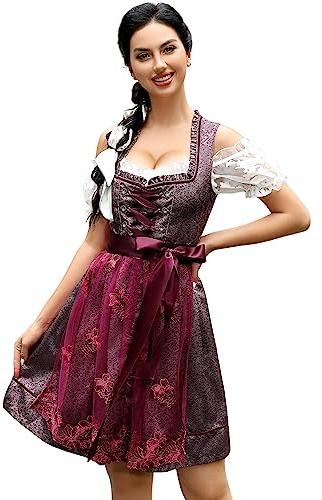 Trachtenkleid Dirndl Kurz Damen Midi für Oktoberfest 3tlg.- DREI Teilig: Kleid, Bluse, Schürze Burgundy34