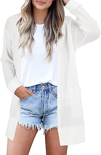 STYLEWORD Cardigan Donna Manica lunga Estate Cardigan leggero Maglia aperta davanti con tasche(bianco,M)