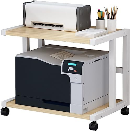 NUACOS Druckerwagen mit Arretierbaren Rädern,Untertisch Druckerhalter,2 Ebenen Druckertisch mit Verstellbaren Füßen für Drucker Scanner Fax Büro Druckerständer Rollbar,Beige,W58cm