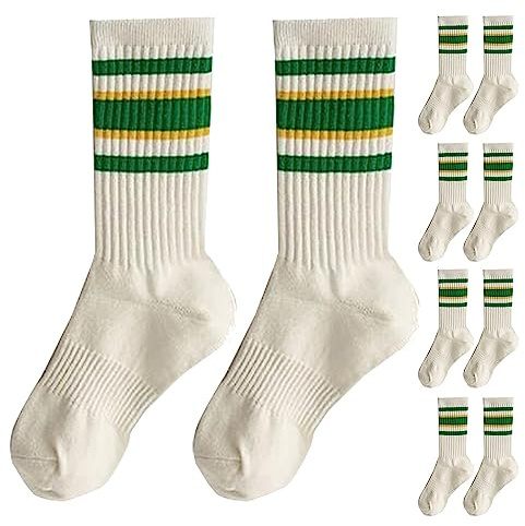 5 Pair Crew Socks for Women Rainbow Stripe Mid Tube Running Hiking Athletic Compression Socks Comfort Sports Hosiery Compression Men (Green,One Size)