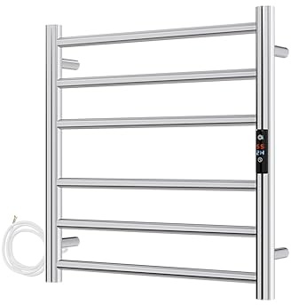 AQUAWORLD Stainless Steel 304 Electric Towel Warmer Heated Towel Rail with Built-in Timer for Bathroom Wall Mounted Bath Towel Heater Hardwired Electric Heated Towel Rack Polished Chrome 620mm x 600mm