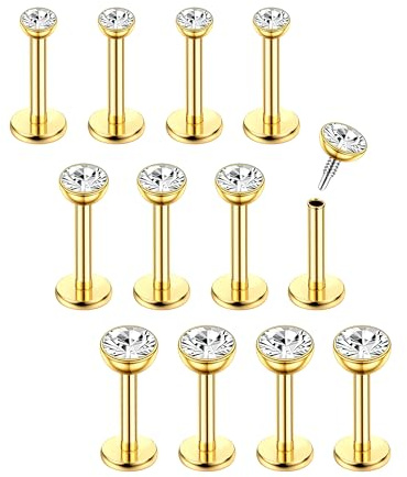 Chriscoco 16G 12Pcs piercing orecchio acciaio chirurgico piercing naso brillantino piercing labbro piercing helix 6mm per Donne Uomini CZ Oro
