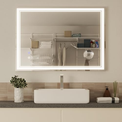 Mondeer LED Badspiegel mit Beleuchtung, 80×60 cm Wandspiegel mit Touchschalter Anti-Beschlag und 5X Lupe, 3 Lichtfarbe Dimmbar für Badezimmer (3000K- 6500K)