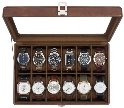 KILHS Uhrenbox mit 12 Fächern, Uhrenkasten mit Glasdeckel, Watch Box mit herausnehmbarer Unterlage, Metallverschluss, Geschenk, Braunes Kunstleder, Braunes Innenfutter